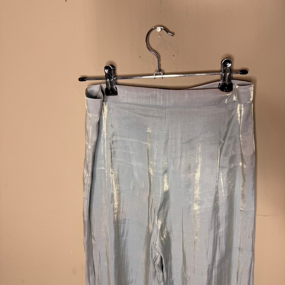 Nasty Gal Wide Leg Pants Womens Size 6 Light Blue Metallic Shimmer High Waist - Picture 6 of 10